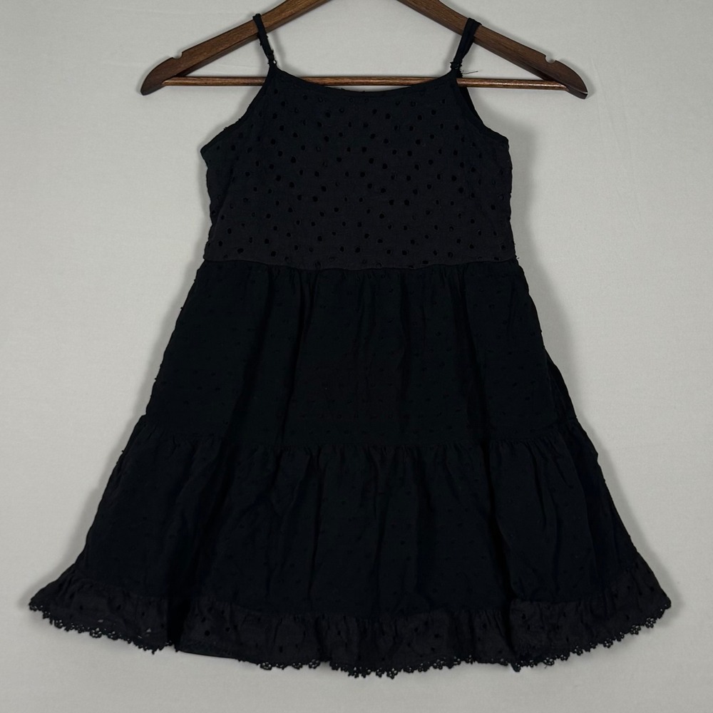 Art Class Tiered Eyelet Swiss Dot Dress Girls Size 7/8 M Black Excellent